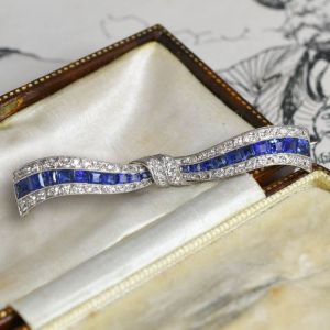 Antique Milgrain Emerald Cut Blue Sapphire Brooch Pin For Women