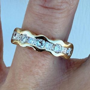 Golden Channel Set White Sapphire Round & Princess Cut Wedding Band