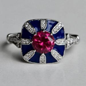 Art Deco Two Tone Round Cut Ruby Sapphire Engagement Ring For Women