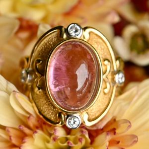 Vintage Two Tone Bezel Oval Cut Cabochon Pink Sapphire Cocktail Ring