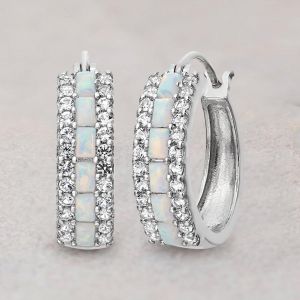 Vintage Baguette Cut White Opal Hoop Earrings For Women