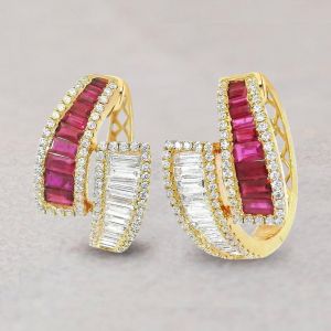Golden Baguette Cut Ruby & White Sapphire Hoop Earrings For Women