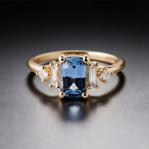 Vintage Golden Cushion Cut Blue Sapphire Engagement Ring For Women