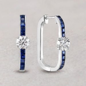 Classic Blue & White Sapphire Round & Princess Cut Hoop Earrings For Women