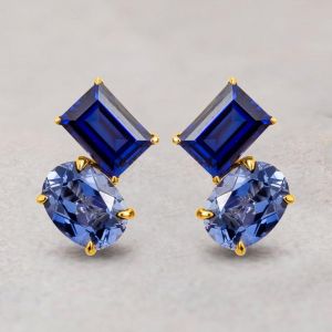 Classic Golden Emerald & Oval Cut Blue Sapphire Stud Earrings