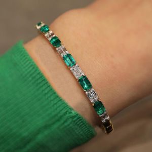 Vintage Two Tone Emerald Cut Emerald & White Sapphire Tennis Bracelet For Women