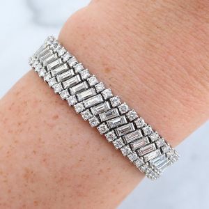Triple Row White Sapphire Round & Baguette Cut Tennis Bracelet