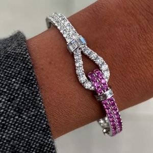 Round & Baguette Cut Pink & White Sapphire Bangle Bracelet For Women