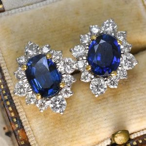 Two Tone Halo Oval Cut Blue Sapphire Stud Earrings For Women