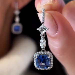 Halo Asscher Cut Blue & White Sapphire Drop Earrings For Women