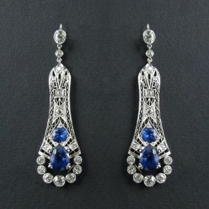 Art Deco Blue Sapphire Oval Cut Drop Earrings For Women
