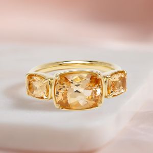 Golden Three Stone Cushion Cut Champagne Sapphire Engagement Ring For Women
