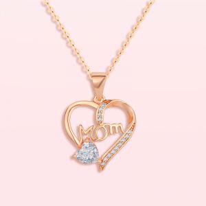 Rose Gold Heart Cut White Sappihre Mom Pendant Necklace For Mom Gift For Mother's Day