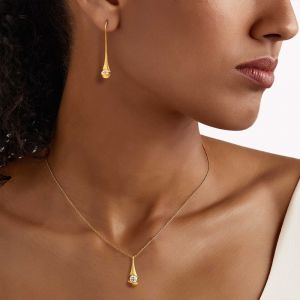 Unique Golden Round Cut White Sapphire Drop Earrings & Pendant Necklace Set For Women
