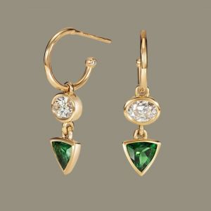 Golden Bezel Oval & Triangle Cut White & Emerald Sapphire Drop Earrings