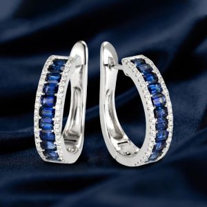 Nextearrings Blue & White Sapphire Emerald Cut Triple Row Hoop Earrings For Women