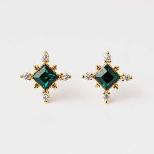 Golden Bezel Asscher Cut Emerald & White Sapphire Stud Earrings