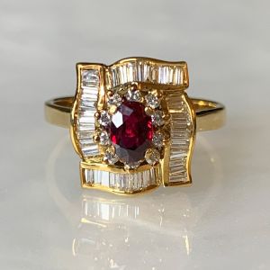 Golden Halo Oval & Baguette Cut Ruby & White Sapphire Engagement Ring For Women 