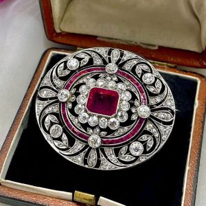 Art Deco Emerald Cut Ruby & White Sapphire Brooch Pin For Women