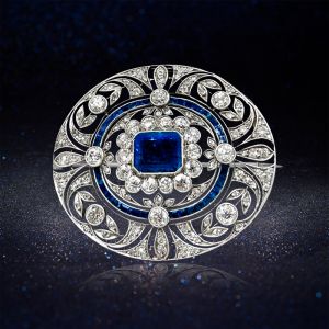 Art Deco Emerald Cut Blue & White Sapphire Brooch Pin For Women