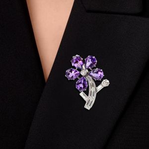 Flower Design Pear & Baguette Cut Purple & White Sapphire Brooch