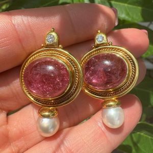 Art Deco Oval Cabochon Cut Pink Sapphire & Pearl Drop Earrings For Women