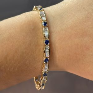 Golden Round & Baguette Cut Blue & White Sapphire Tennis Bracelet