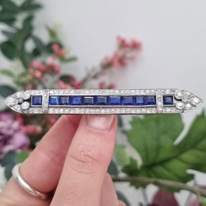 Art Deco White & Blue Sapphire Round & Asscher Cut Brooch Pin