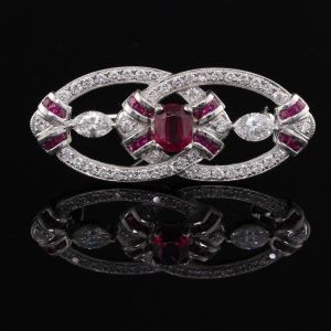 Art Deco Cushion Cut Ruby & White Sapphire Brooch