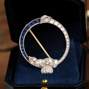Vintage Two Tone White & Blue Sapphire Round & Baguette Cut Brooch