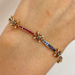 Golden Ruby & Blue & Emerald Sapphire Baguette & Round Cut Tennis Bracelet