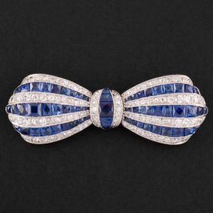 Art Deco Blue & White Sapphire Round & Baguette Cut Bow Brooch