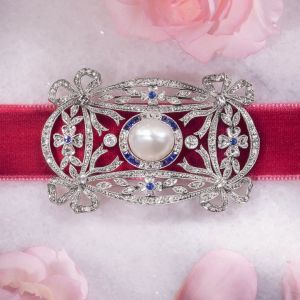 Halo White Sapphire & Pearl Round Cut Bow Design Brooch For Women