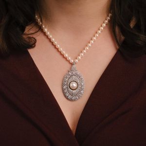 Vintage Halo White Pearl & White Sapphire Pendant Necklace For Women