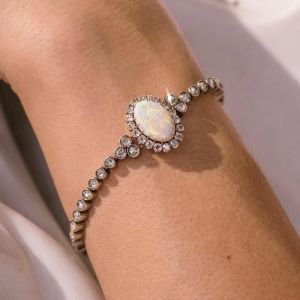 Vintage Halo Oval & Round Cut White Opal & Sapphire Tennis Bracelet