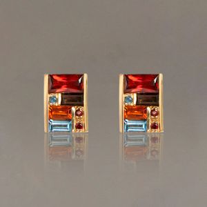 Golden Baguette Cut Garnet & Topaz & Orange & Brown Sapphire Stud Earrings