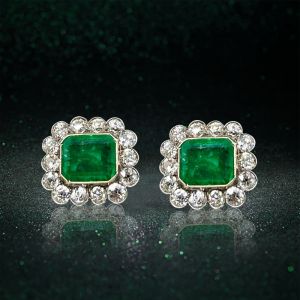 Vintage Halo Emerald Cut Emerald & White Sapphire Stud Earrings