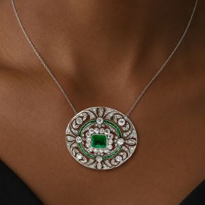 Art Deco Emerald & Round Cut Emerald & White Sapphire Pendant Necklace
