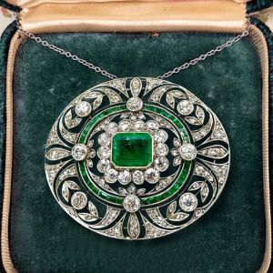 Art Deco Emerald & Round Cut Emerald & White Sapphire Pendant Necklace