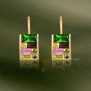 Golden Baguette Cut Emerald & Yellow & Pink & Brown Sapphire Drop Earrings