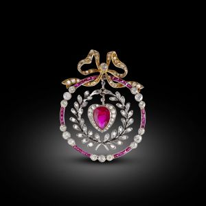 Antique Two Tone Ruby & White Sapphire Pear & Round Cut Circle Garland Brooch Pin