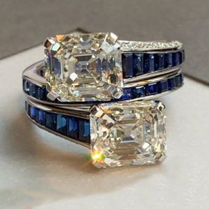 Triple Row Emerald Cut White & Blue Sapphire Engagement Ring (5 Carat)