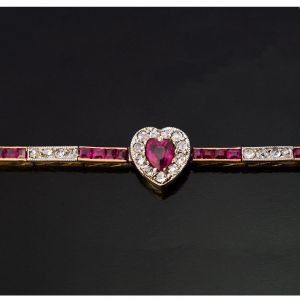 Two Tone Ruby & White Sapphire Heart & Round & Asscher Cut Tennis Bracelet