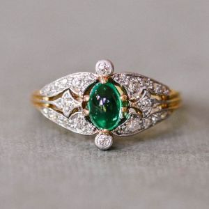 Antique Two Tone Oval Cabochon Cut Emerald & White Sapphire Engagement Ring