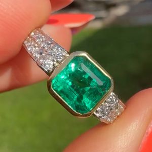 Bezel Two Tone Asscher Cut Emerald & White Sapphire Engagement Ring