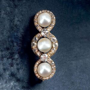 Antique Golden Round Cut White Pearl & Sapphire Brooch Pin