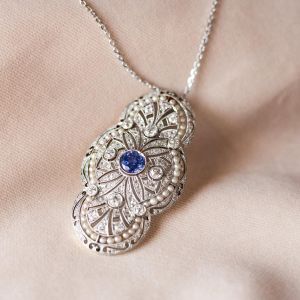 Halo Round Cut Blue & White Sapphire & Pearl Pendant Necklace 