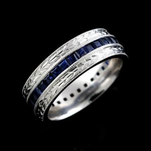 Antique Blue Sapphire Princess Cut Eternity Wedding Band Ring