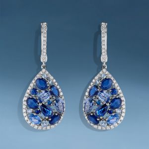 Halo Oval & Pear & Round Cut Blue & White Sapphire Drop Earrings