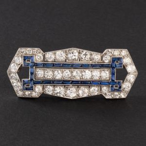 Round & Baguette Cut White & Blue Sapphire Brooch Pin